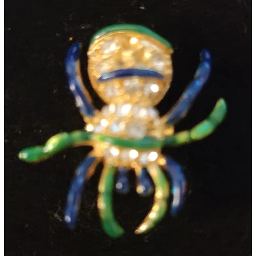 Vintage‎ Enamel Spider Brooch Gold Tone Rhinestone Blue Green Insect Pin Novelty